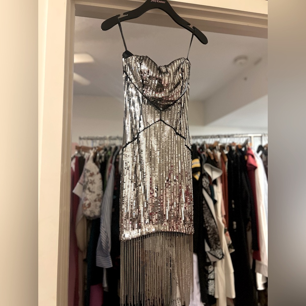 Bebe Vintage sequin strapless fringe dress (Sz: XXS)